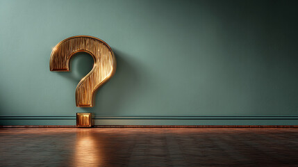 Golden question mark on green wall, wooden floor mockup, ample free space for text or advertisement, symbolizing inquiry, curiosity, and problem-solving