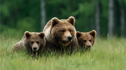 Brown bear family in tall grass, watchful eyes, and lush forest backdrop