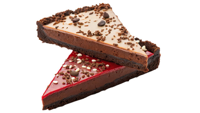 Two triangle form Mississippi Mud Pie &ndash; Chocolate Heaven slices stacked irregularly isolated on white background. Suitable for marketing or business purposes. PNG file