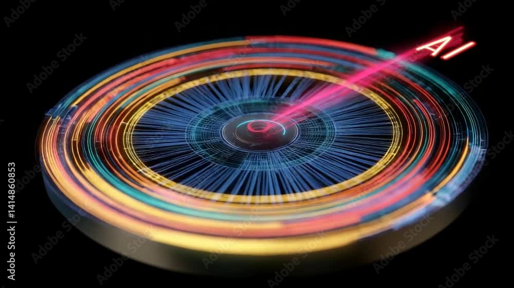 Poster colorful light trails on a dark background with vibrant circular patterns representing technology an