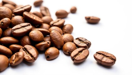 Fototapeta premium Scattered coffee beans, isolated on white background, morning, brown