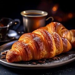 Freshly delicious baked croissant showing off its flaky layers and golden color, a tempting treat