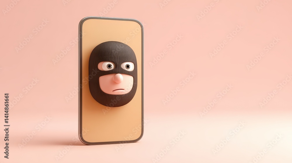 Poster scam call phone security. a smartphone with a cartoonish masked face creating a humorous effect agai