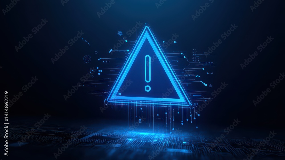 Poster scam call phone security. digital warning sign in a tech-inspired environment with blue glowing elem