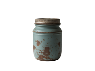 Charming weathered jar with screw lid, aged to perfection, showcasing its vintage appeal and rustic character in a beautifully isolated composition evoking nostalgia