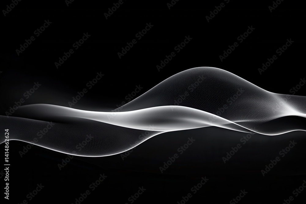 Poster abstract flowing wave in monochrome digital art with dynamic light and shadow on dark background for