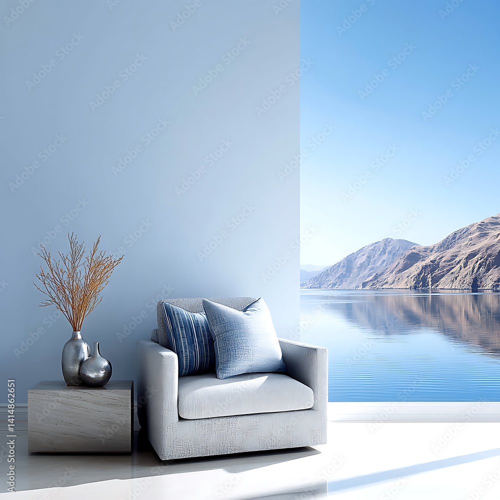 Poster serene armchair scene with coastal view and minimalist design elements creating a tranquil ambiance.