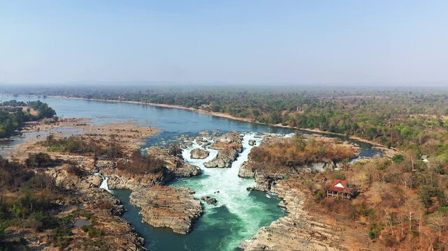 Panoramic view of Khone Falls on the Mekong River in Asia, Laos, Champasak, 4000 Islands, Don Det, on a sunny day.&nbsp;