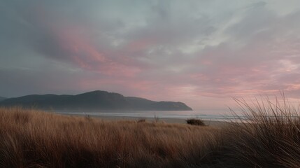 Obraz premium Serene coastal landscape with pink sunset sky over grassy dunes and distant mountains creating a tranquil and scenic view of nature