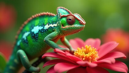 Fototapeta premium Emerald chameleon perched on vibrant bloom, summer garden , sunlight, reptile photography, flower