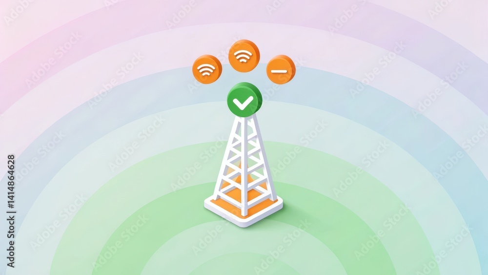 Poster scam call phone security. wireless tower with signal indicators in a gradient background.