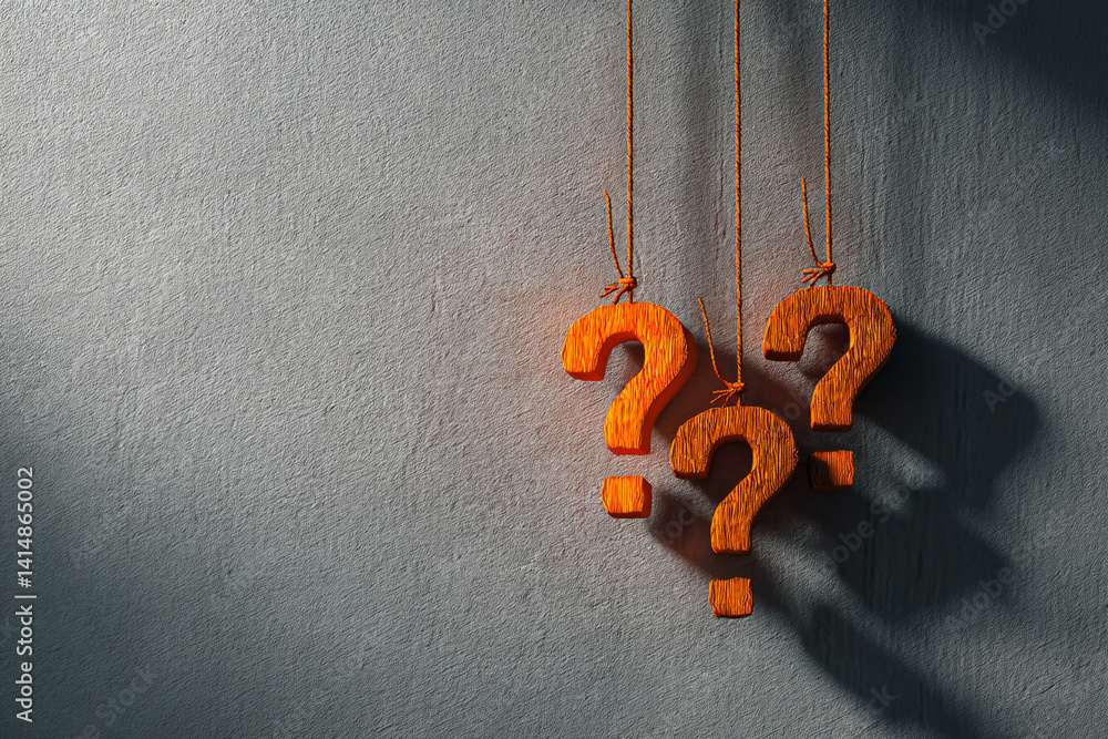 Poster orange question marks hang against a textured gray background, symbolizing inquiry, uncertainty, or 