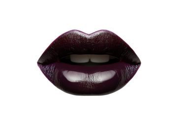 Lush, shiny lips in dark plum on transparent background. Mouth slightly open, revealing white teeth. Smooth texture