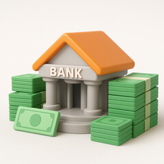 3D Icon Bank Building with Money,  isolated white background
