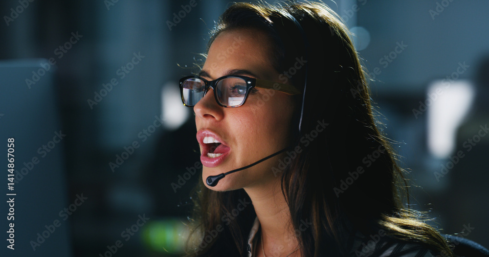 Poster Headset, night and woman in office with consulting for troubleshooting with online computer software. Glasses, IT and female technical support consultant at contact center for network help desk.