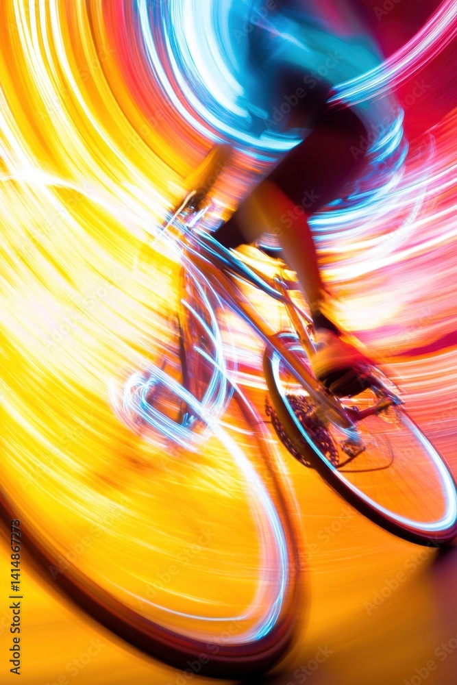 Poster dynamic cyclist motion blur with vibrant light trails creating a sense of speed and energy on a bicy