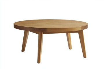 A simple round wooden table with four legs against a plain white backdrop