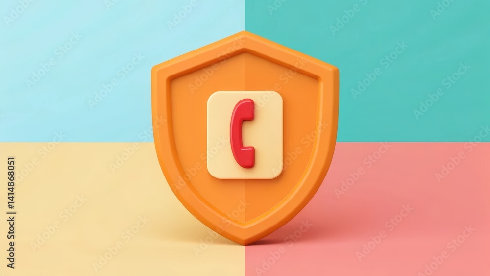 Poster scam call phone security. shield icon with a phone symbol against a colorful background in a modern 