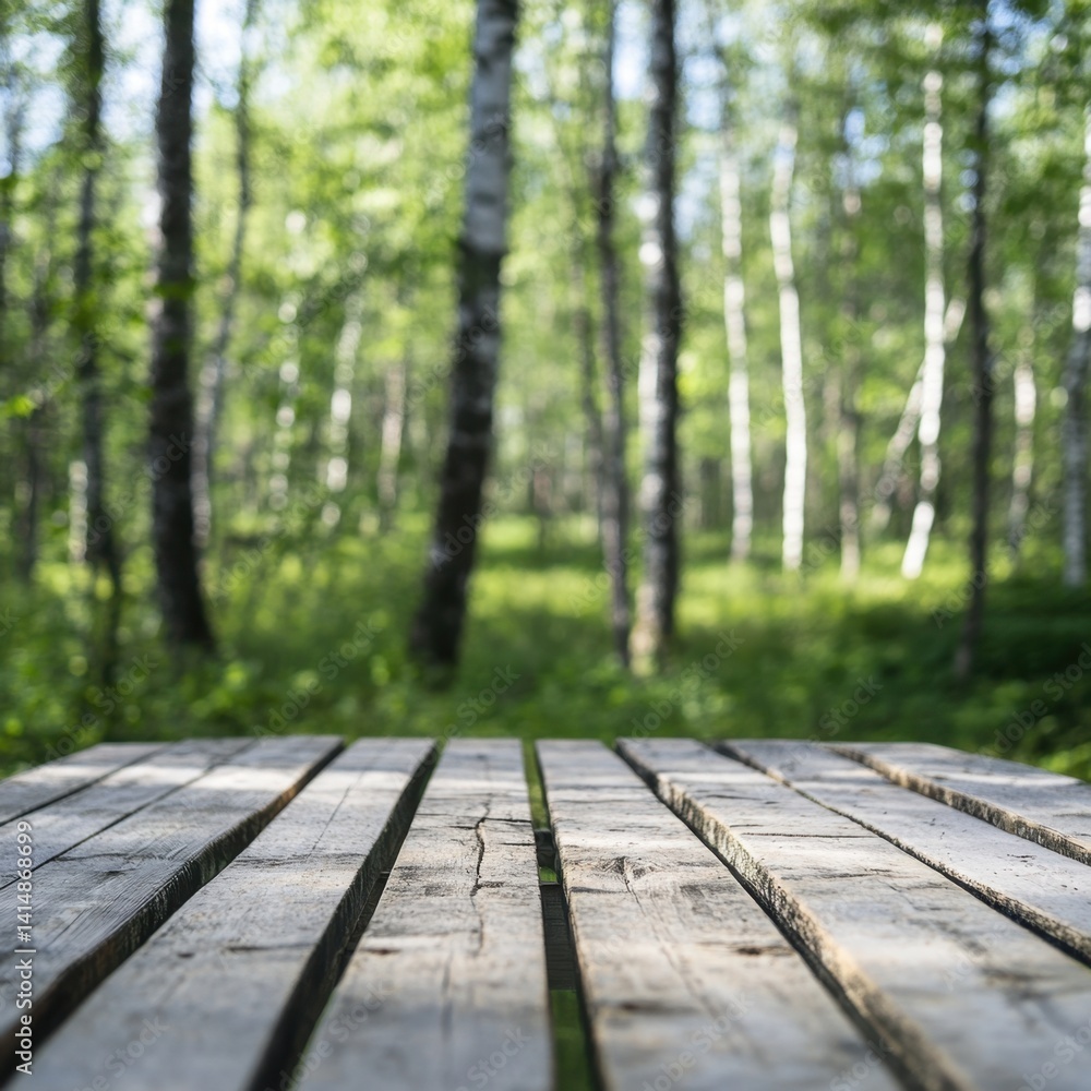 Poster rustic wooden table in a serene forest with birch trees and lush green foliage creating a peaceful n