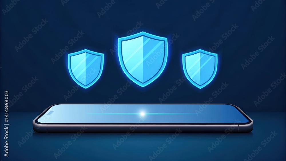 Poster scam call phone security. smartphone displaying security shields on a blue background symbolizing di