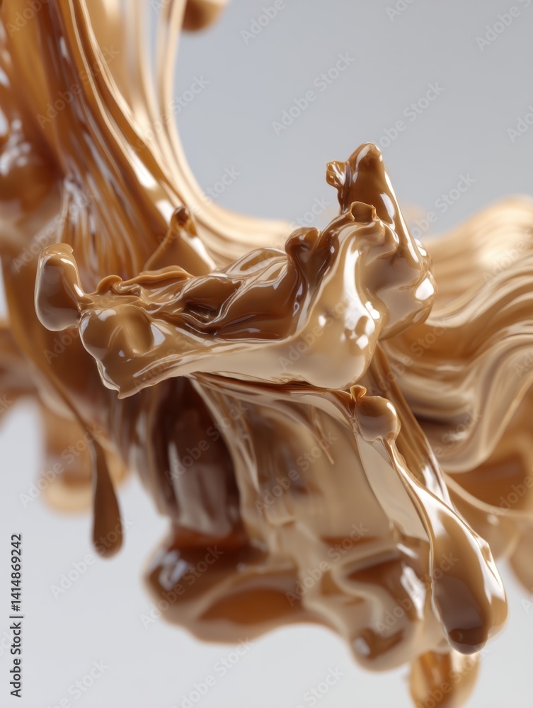 Poster abstract caramel flowing sculpture capturing motion and texture on a light background in studio ligh