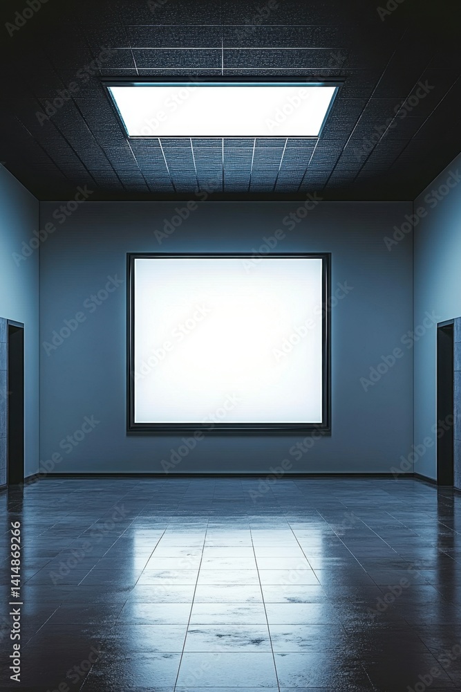 Poster modern gallery interior with empty frame and reflective floor capturing minimalist design and atmosp