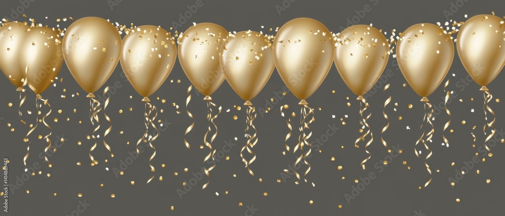 Poster gleaming golden balloons and confetti cascade against a serene gray backdrop creating a festive and 