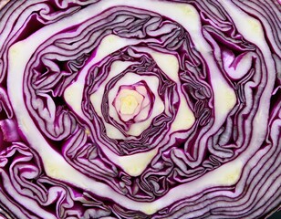Obraz premium Close-up of red cabbage cross section showing intricate purple patterns