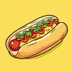 Cartoon Hot Dog with Ketchup Mustard and Parsley on Yellow Background Delicious American Fast Food Icon