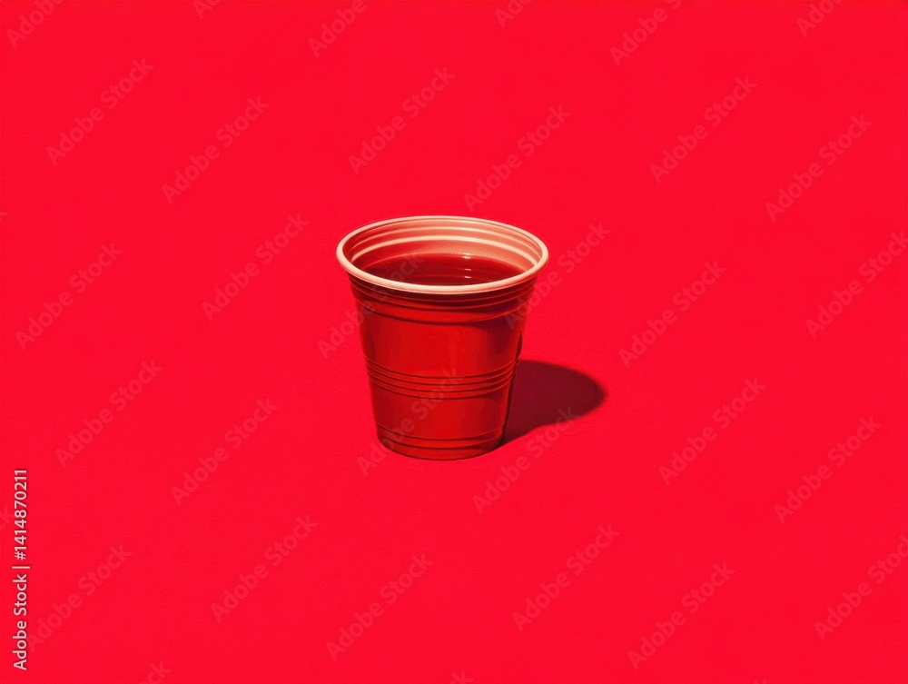 Poster vibrant red plastic cup filled with liquid on a matching red background creating a bold and minimali