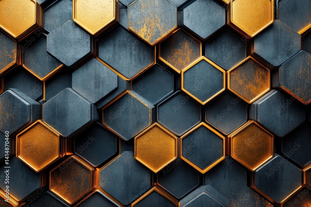 Poster intricate pattern of hexagonal tiles in dark and gold hues showcases modern design