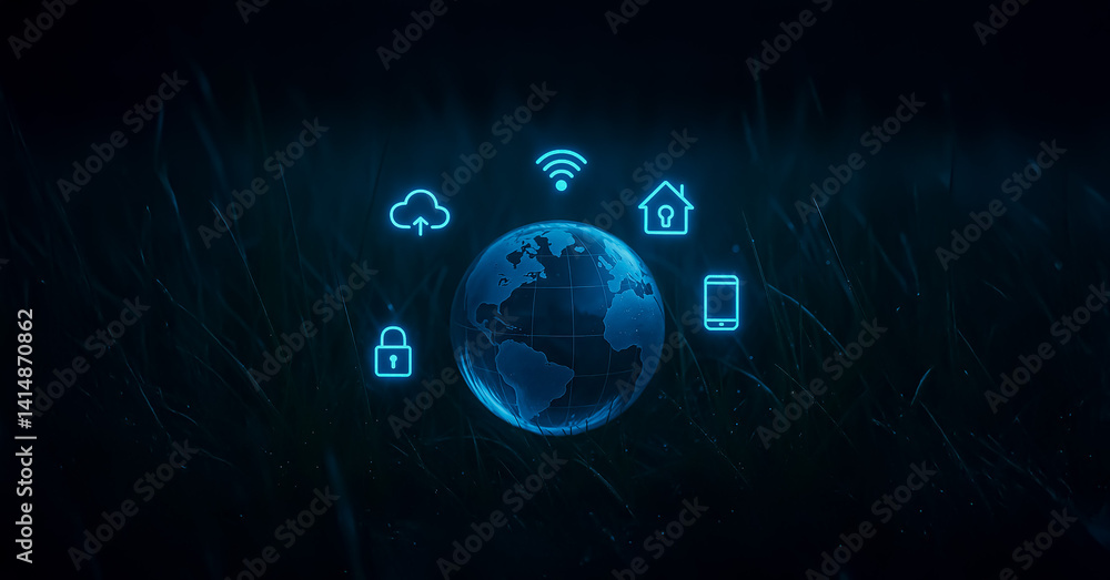 Aufkleber transparent globe with neon network map and smart tech symbols resting on dewy grass, representing t