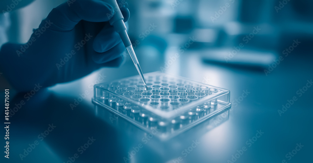 Poster scientific research process with a gloved hand using a micropipette to transfer liquid into a microp