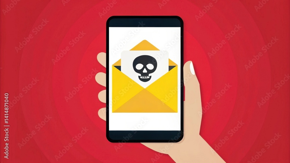Poster scam call phone security. a hand holding a smartphone displaying a warning about a dangerous email.