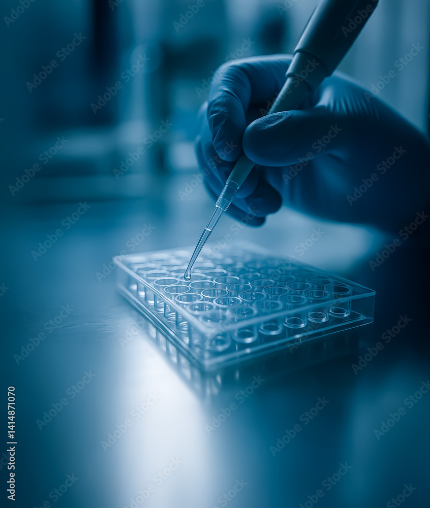 Poster close-up of a gloved hand using a pipette in a high-tech lab environment, focusing on a transparent 