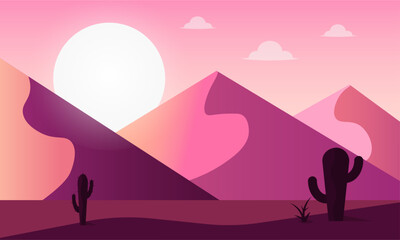 Naklejka premium Desert landscape with cactus, hills.Nature sunset on a background of a mountain landscape. 