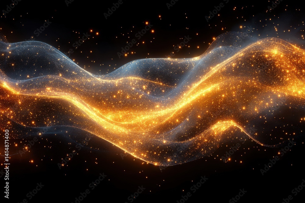 Poster golden waves of light shimmer in the dark space, creating an ethereal and mesmerizing visual experie