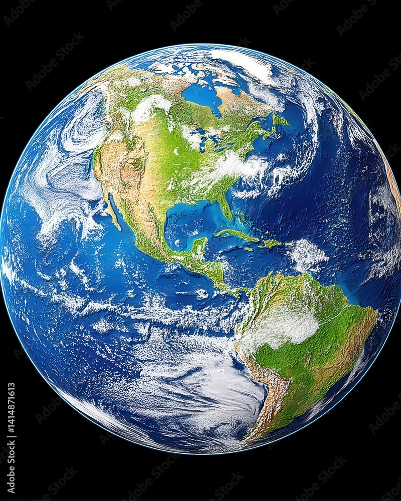 Poster earth view from space with detailed topography and vibrant colors representing world science and dev