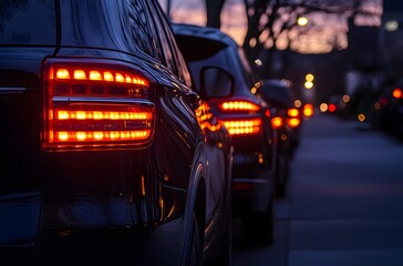 Long lines of shiny black cars line the busy streets of the city. The cars express the beauty of the city and attract the attention of passersby.