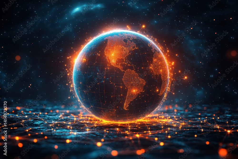 Poster global network visualization displaying interconnected data across continents and oceans during a di