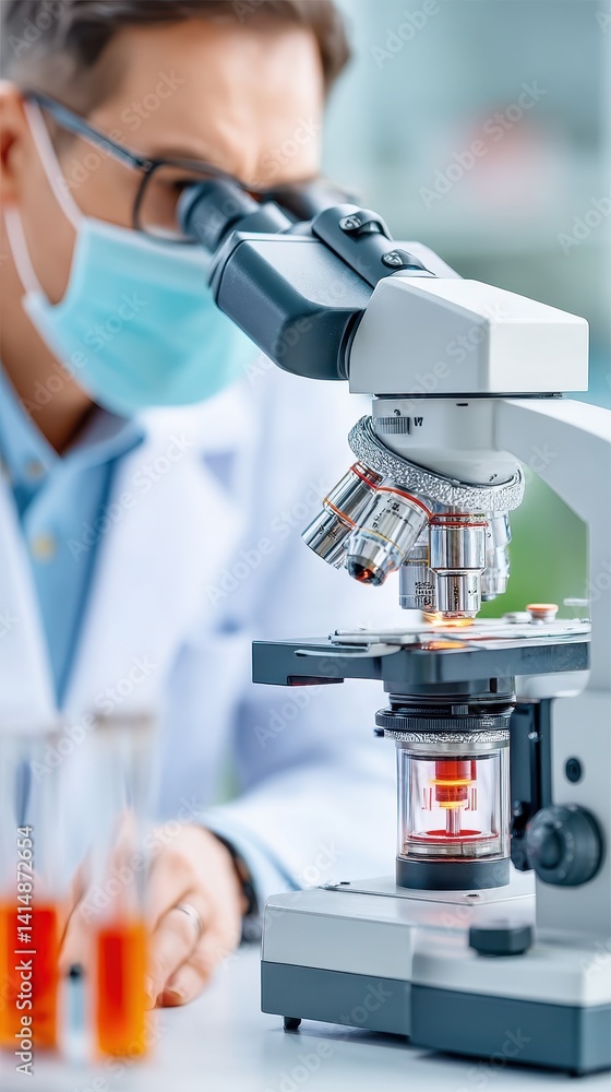 Aufkleber scientist analyzing samples with microscope for world science day promotion of peace and development