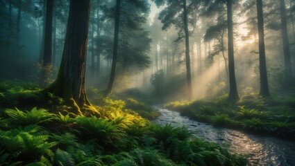 Naklejka premium Walking Along Forest Stream with Ferns in Sunlight and Morning Mist