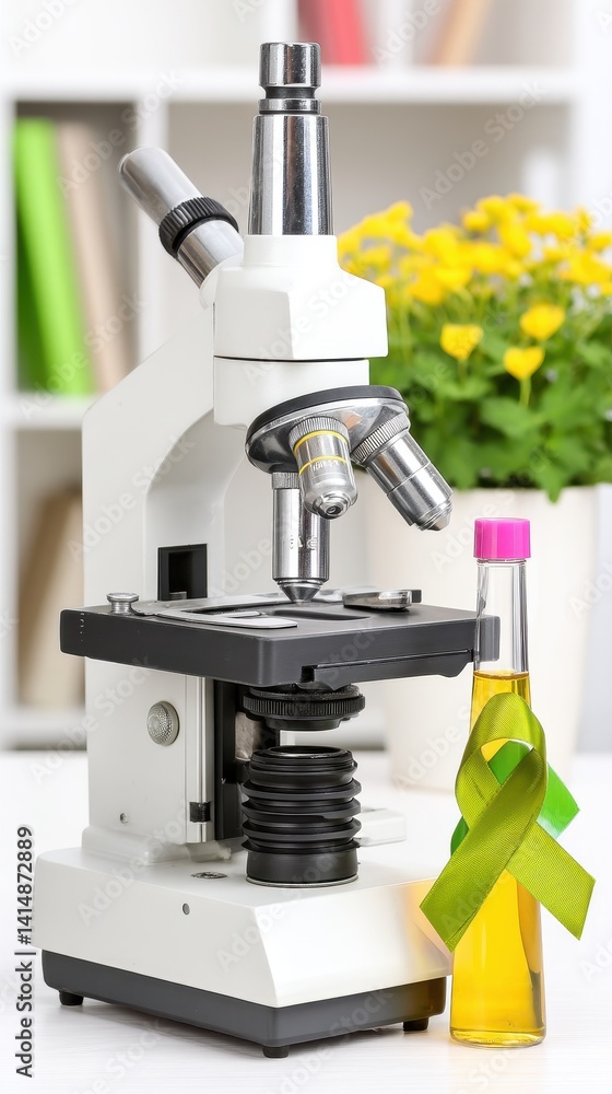 Aufkleber advanced microscope with yellow flowers in background symbolizing world science day for peace and de