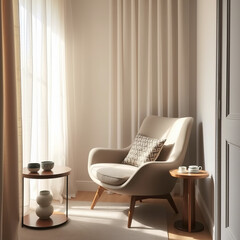 Cozy modern living room with warm tones and natural light in stylish interior design