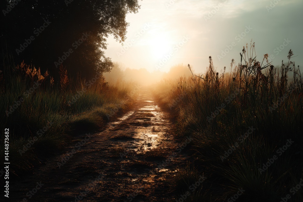 Poster enchanting morning light on a misty path through a field of tall grass and lush foliage creating a s