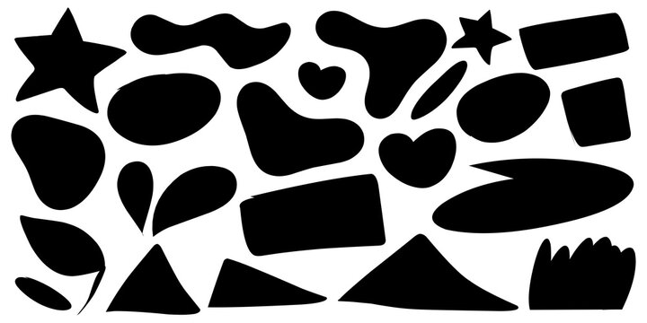 Organic shape silhouette, of abstract doodle elements, star, heart shaped, leaf, and geometric shapes.