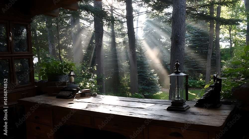 Poster sun rays through forest trees illuminating desk with lamp in rustic tranquil scene landscape.