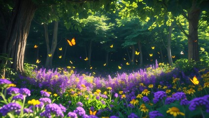 Obraz premium Butterflies Flying Over Wildflowers in Lush Forest Meadow Scene