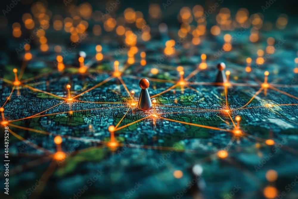 Poster network of connections highlighted by glowing nodes on a digital map showcasing data flow and intera