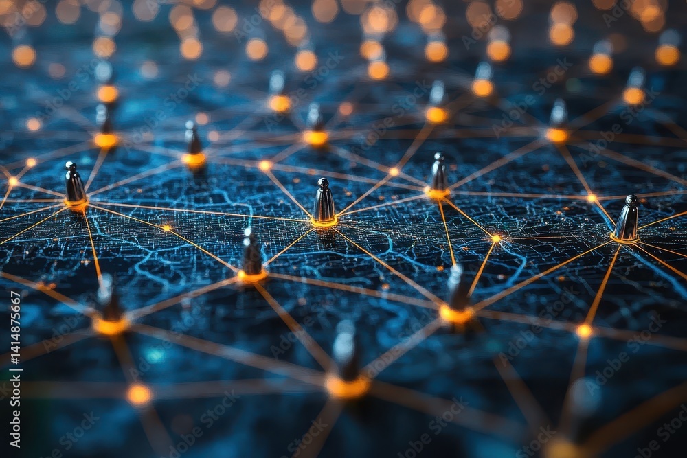 Poster connections form a network with digital elements showcasing technology and data visualization at nig